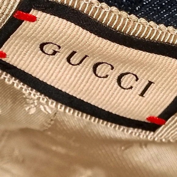 💋Gucci Bucket Hat Blue Denim Beige GG Monogram Logo Leather Trim Size Large*NEW - Picture 3 of 10